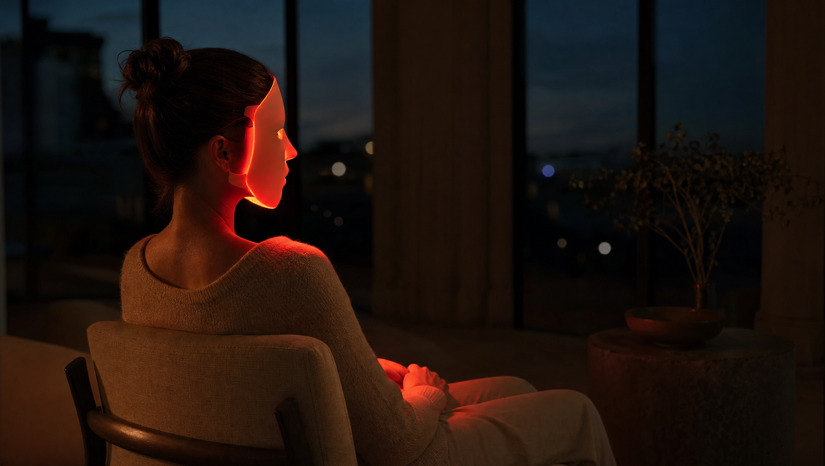 A woman at dusk wearing the glowing Aeterna mask in an armchair by the window