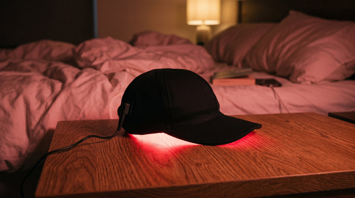 The Aeterna red light therapy cap glowing on a bedside table at night