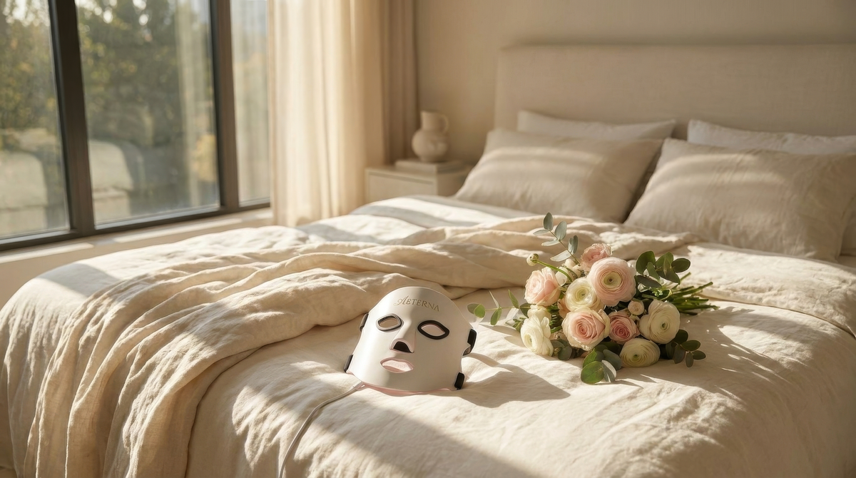 The Aeterna LED face mask resting on a sunlit bed beside a bouquet of roses
