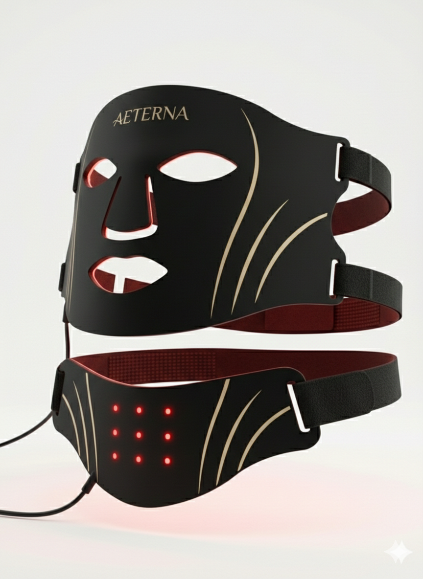 Black LED face mask with 'Aeterna' branding on a light gray background