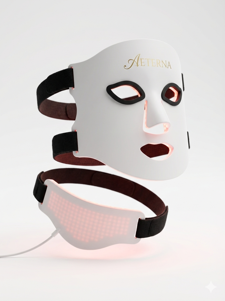 Light therapy mask with 'Aeterna' branding on a white background