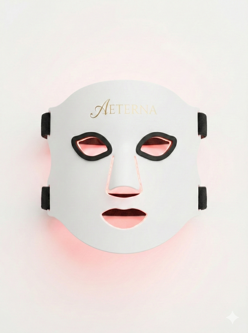 Facial mask with 'Aeterna' branding on a light pink background