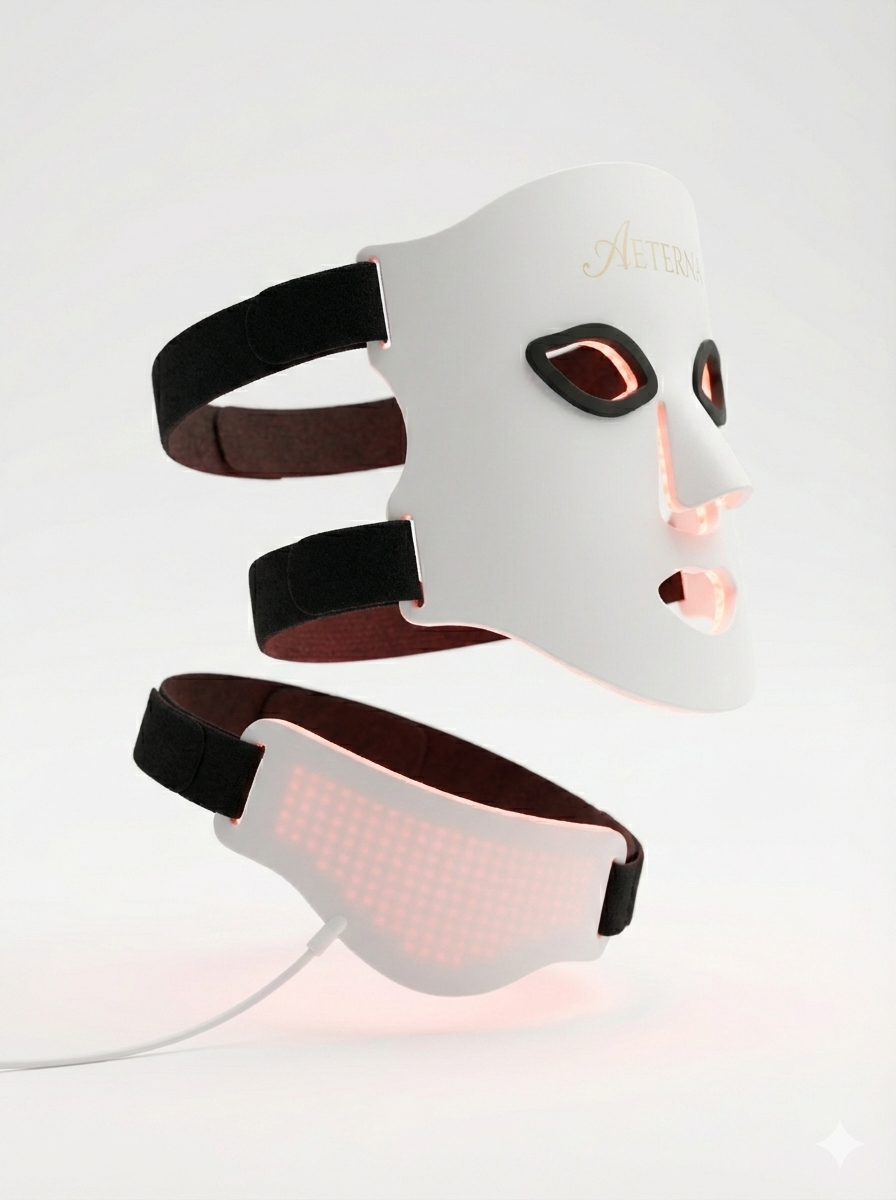 White face mask with LED lights on a white background