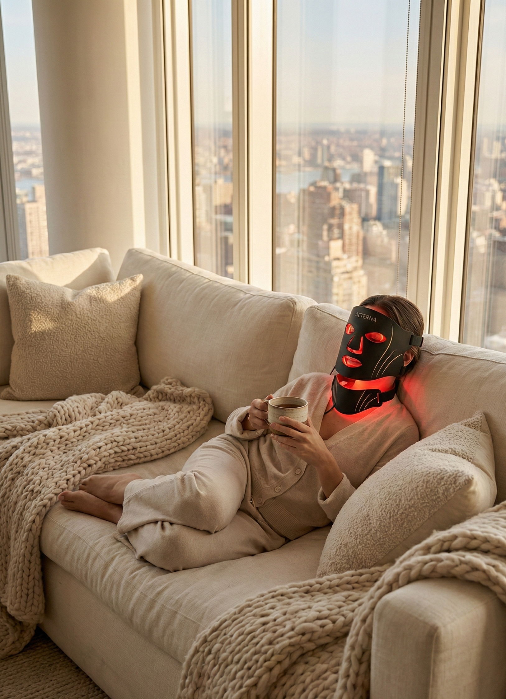 Person lying on a couch while using red light therapy with a cityscape view through large windows