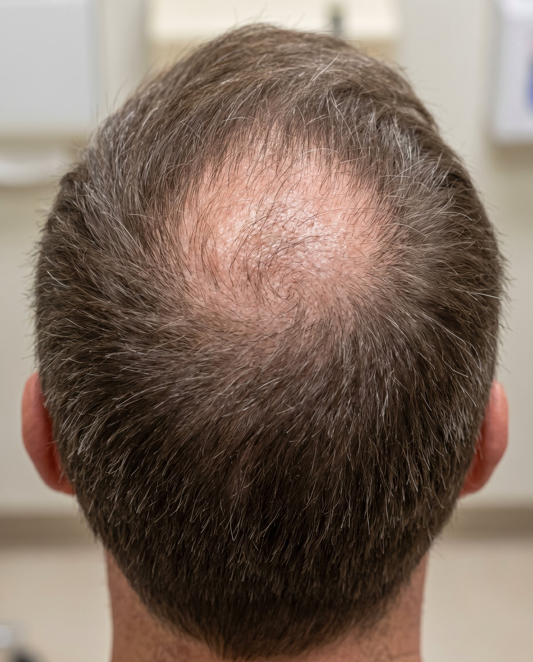 Back view of a person's head with thinning hair