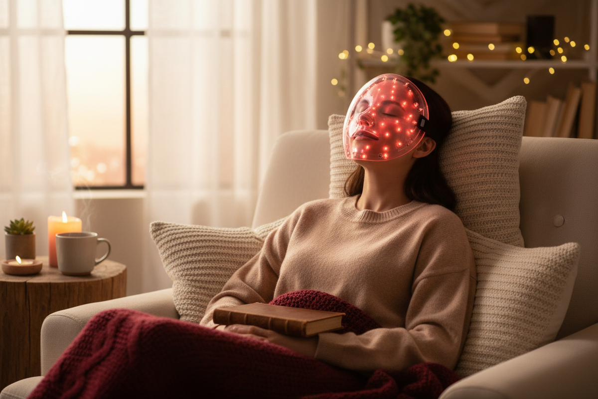 woman using red light face mask at home while relaxing